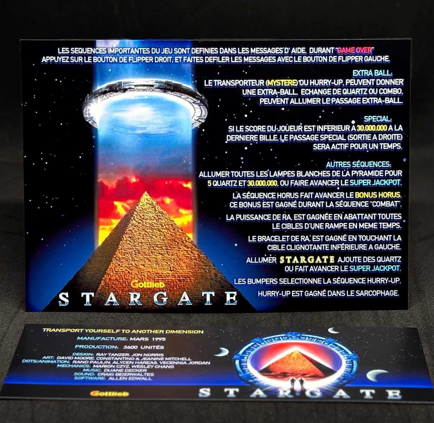 Instrucciones de las tarjetas del juego Gottlieb Stargate 1995, versión Pinball 1, tarjetas de delantal de pinball con impresión personalizada