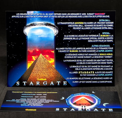 Gottlieb Stargate 1995 Game Cards Instructions Pinball Custom Apron Printed Rules V1