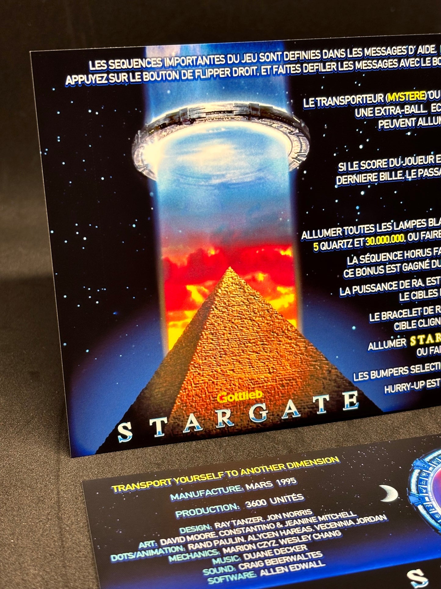 Instrucciones de las tarjetas del juego Gottlieb Stargate 1995, versión Pinball 1, tarjetas de delantal de pinball con impresión personalizada