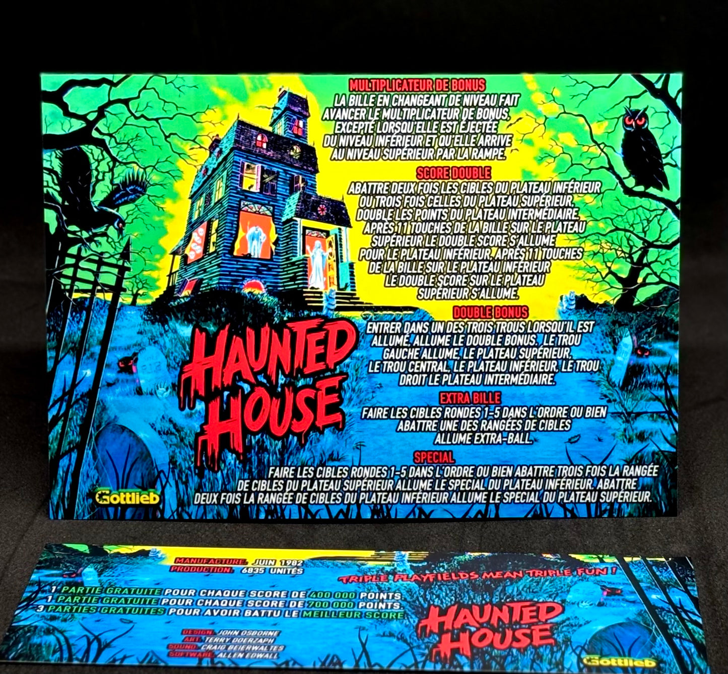 Instrucciones de las tarjetas del juego Gottlieb Haunted House 1982, versión 1 de pinball, tarjetas de delantal de pinball con impresión personalizada