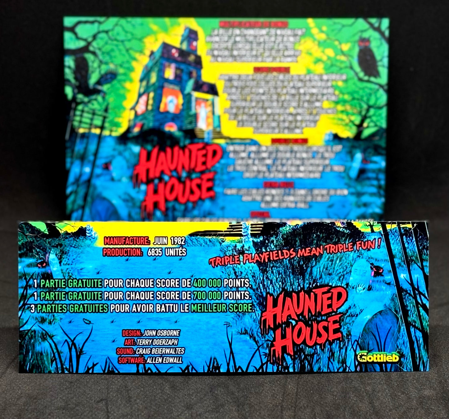 Instrucciones de las tarjetas del juego Gottlieb Haunted House 1982, versión 1 de pinball, tarjetas de delantal de pinball con impresión personalizada