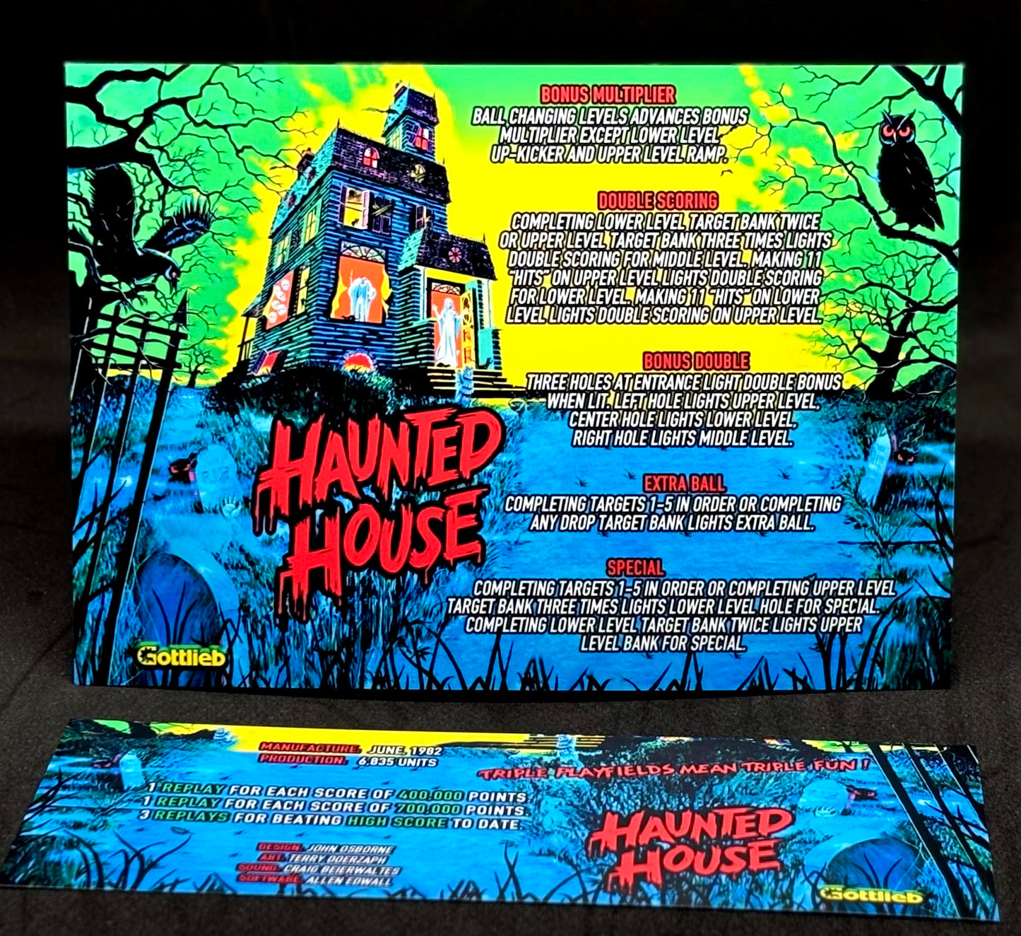 Instrucciones de las tarjetas del juego Gottlieb Haunted House 1982, versión 1 de pinball, tarjetas de delantal de pinball con impresión personalizada