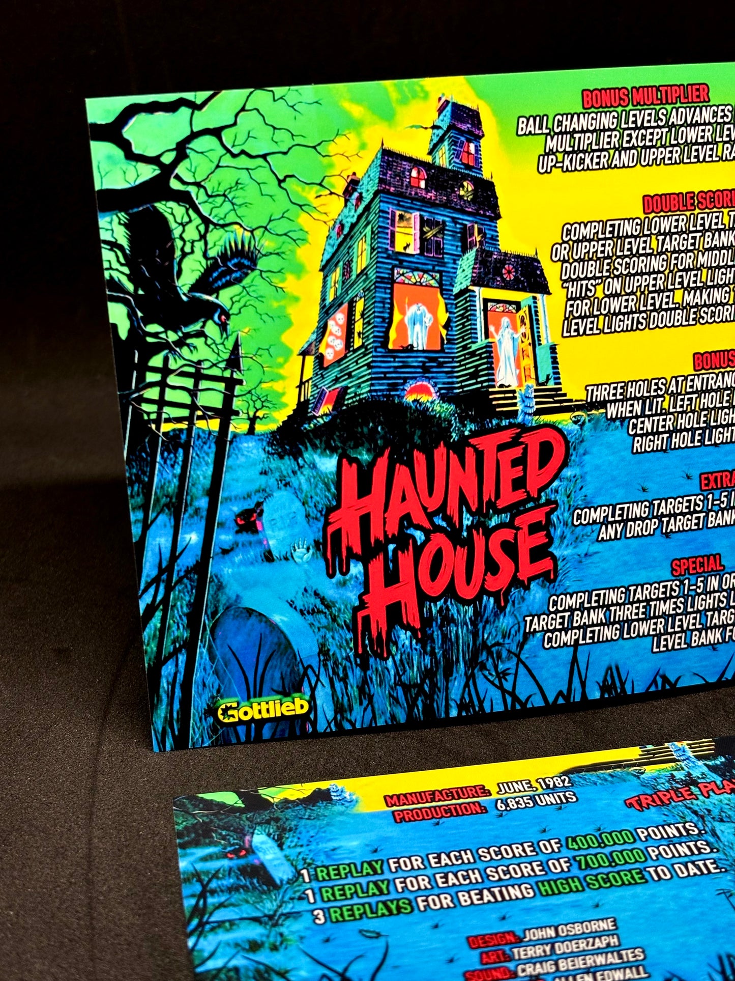 Instrucciones de las tarjetas del juego Gottlieb Haunted House 1982, versión 1 de pinball, tarjetas de delantal de pinball con impresión personalizada