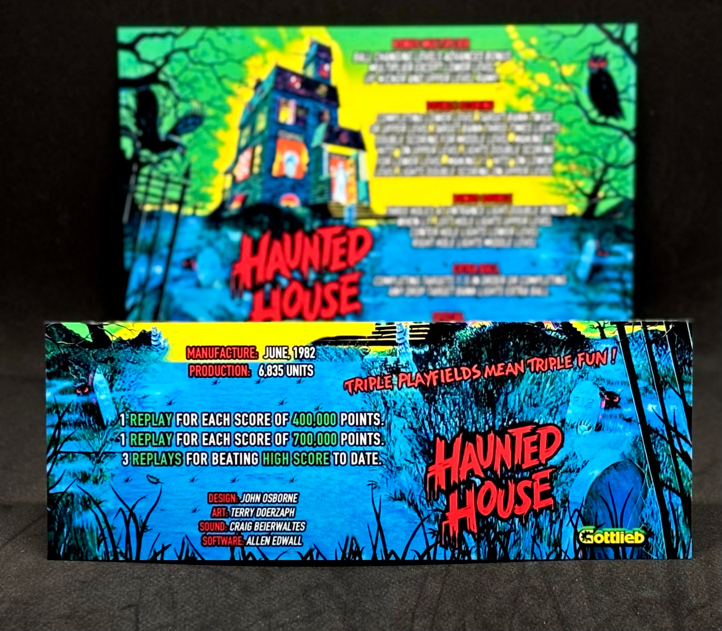 Instrucciones de las tarjetas del juego Gottlieb Haunted House 1982, versión 1 de pinball, tarjetas de delantal de pinball con impresión personalizada