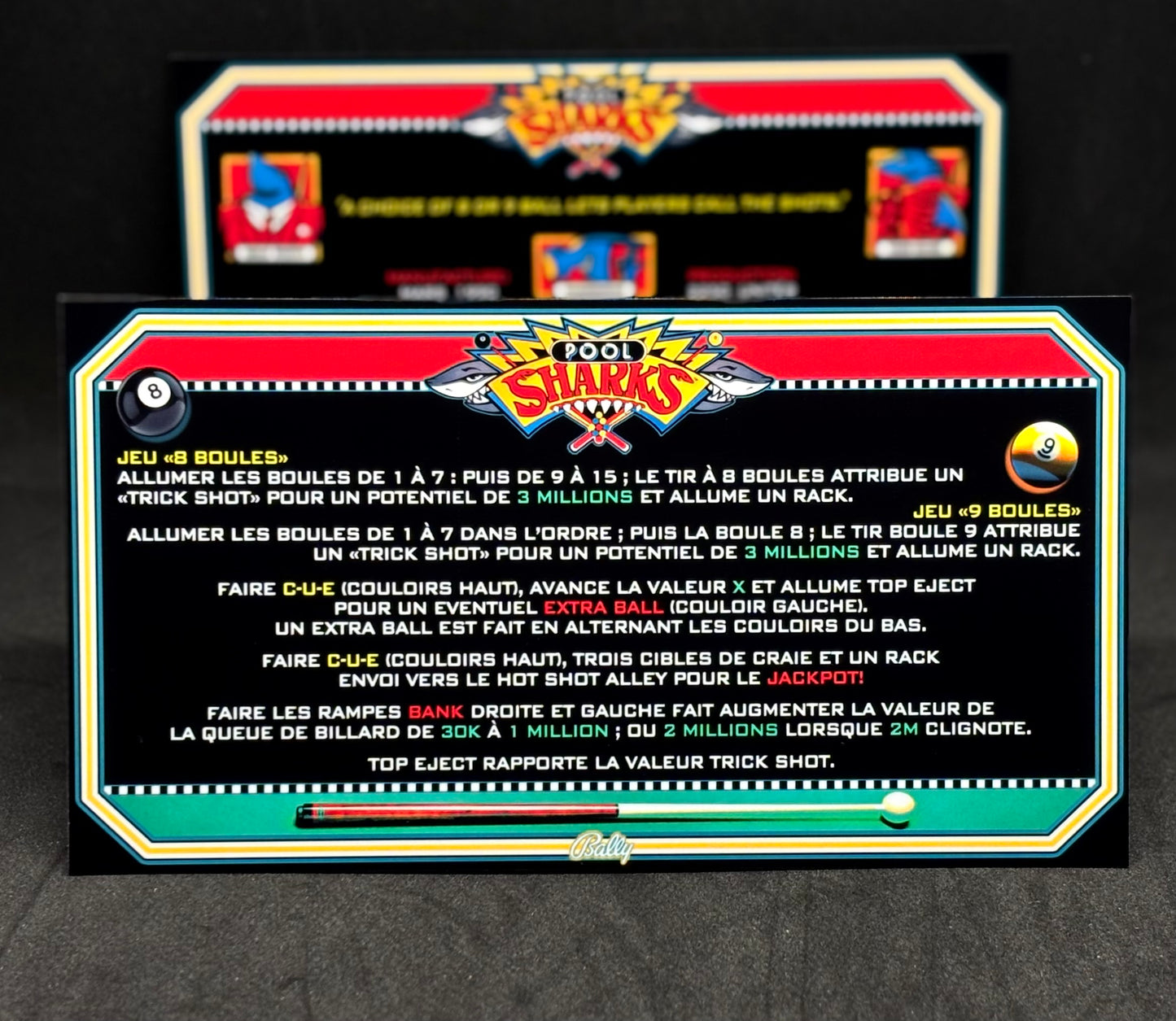 Bally POOL SHARKS 1990 Jeu Cartes Instructions Flipper Custom Apron règles imprimées