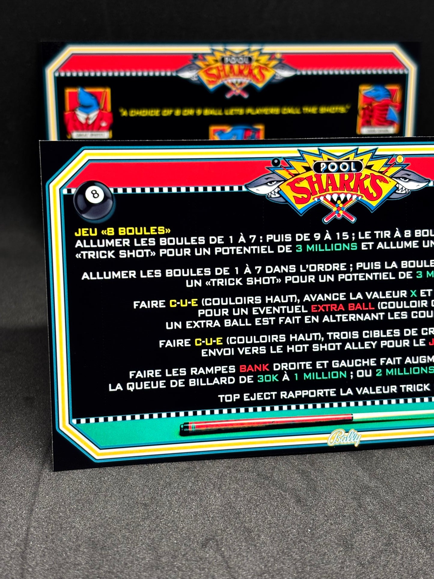 Bally POOL SHARKS 1990 Jeu Cartes Instructions Flipper Custom Apron règles imprimées