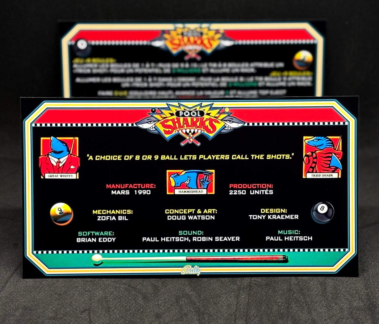 Bally POOL SHARKS 1990 Jeu Cartes Instructions Flipper Custom Apron règles imprimées