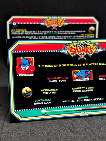 Bally POOL SHARKS 1990 Game Cards Instructions Pinball Custom Apron printed rules