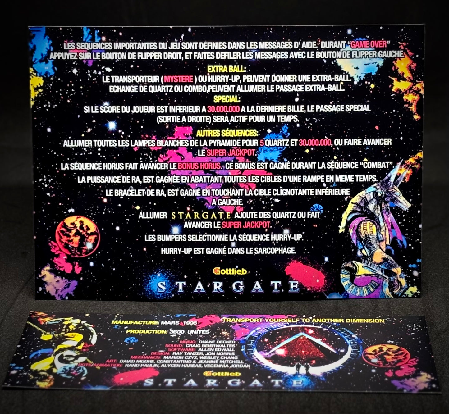 Instrucciones de las tarjetas del juego Gottlieb Stargate 1995, versión Pinball 2, tarjetas de delantal de pinball con impresión personalizada