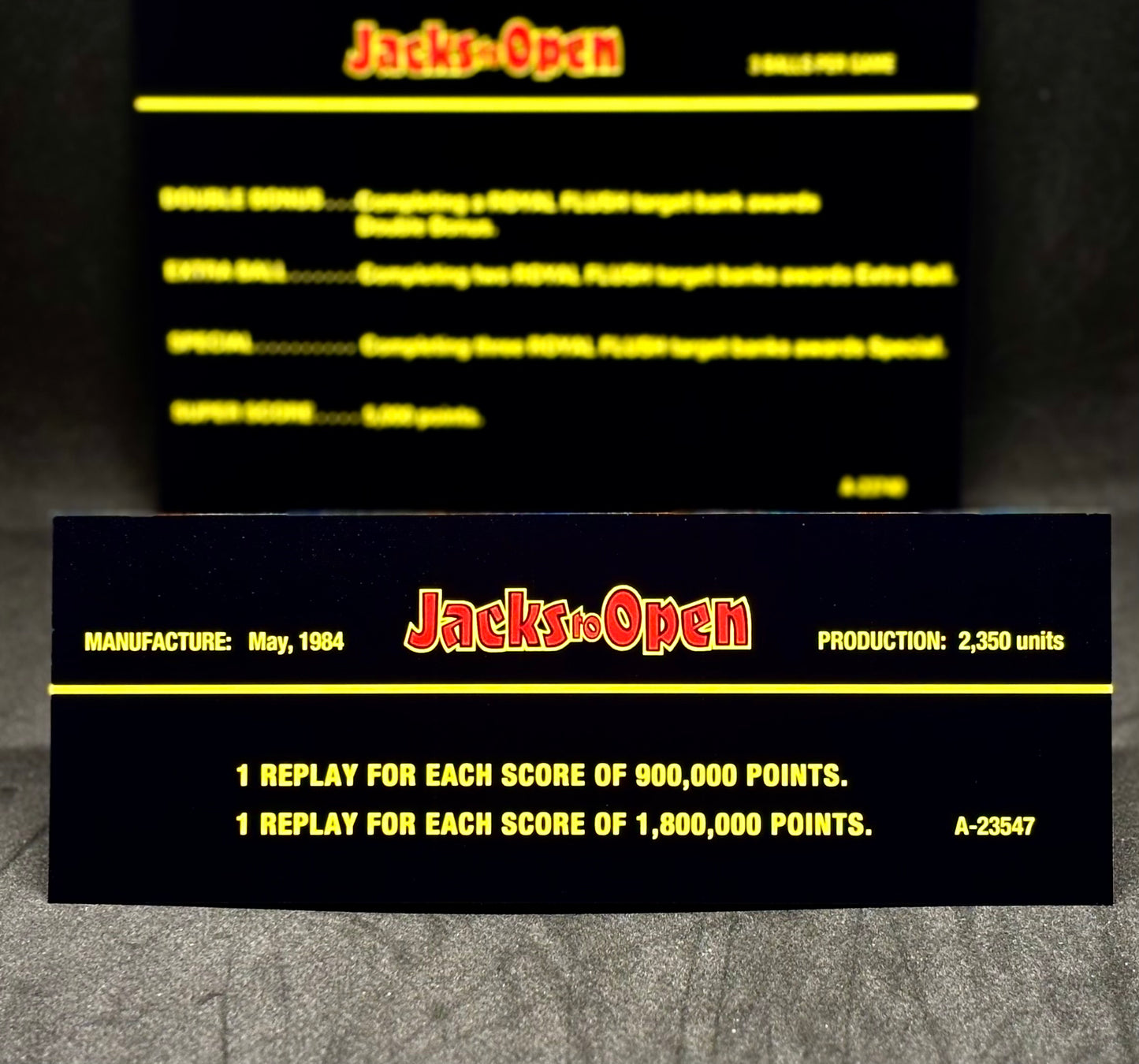 Gottlieb Jacks To Open 1984 Jeu Cartes Instructions Flipper Custom Apron règles imprimées