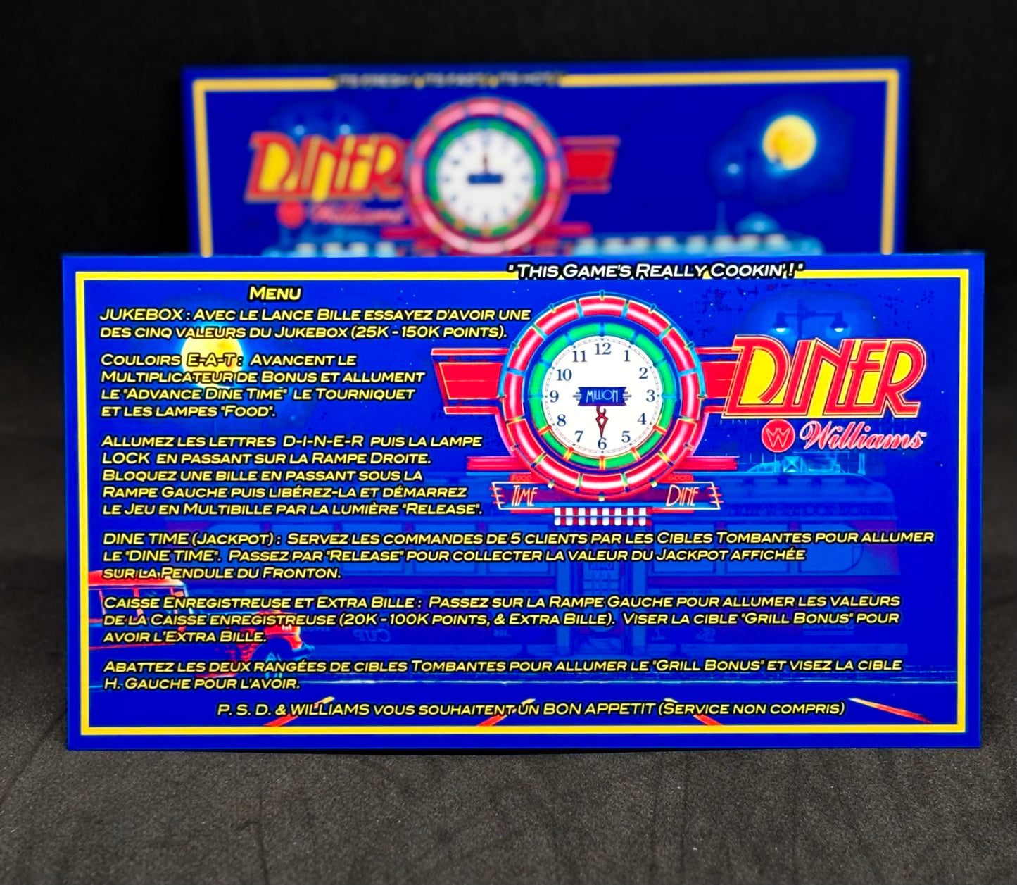 Instrucciones de las tarjetas del juego Williams Diner 1990, delantal personalizado de pinball, reglas impresas V1