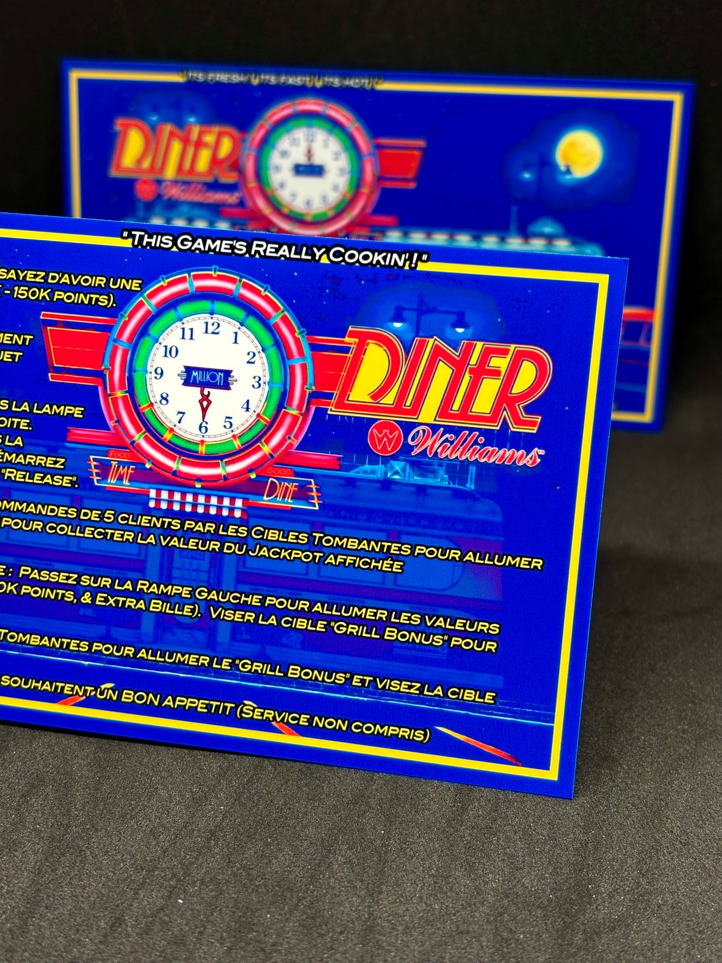 Instrucciones de las tarjetas del juego Williams Diner 1990, delantal personalizado de pinball, reglas impresas V1