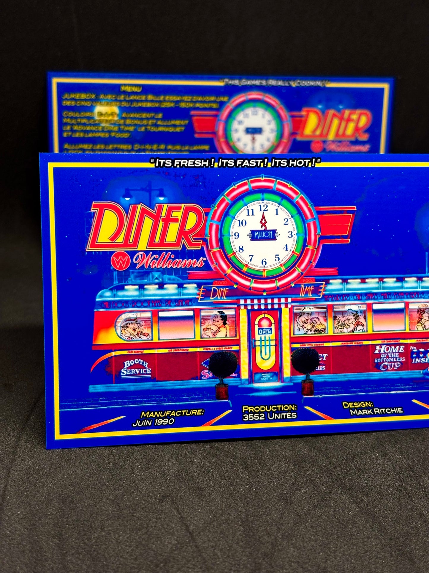 Instrucciones de las tarjetas del juego Williams Diner 1990, delantal personalizado de pinball, reglas impresas V1