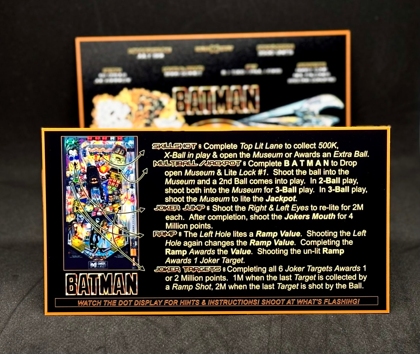 Instrucciones de las tarjetas del juego Batman 1991 de Data East, versión Pinball 1: tarjetas de delantal de pinball con impresión personalizada