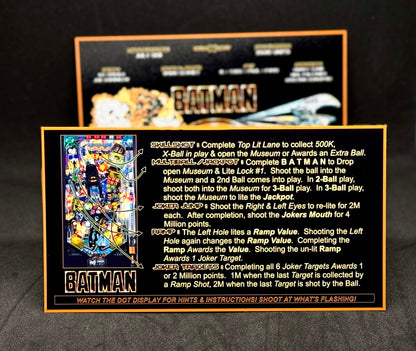Instrucciones de las tarjetas del juego Batman 1991 de Data East, delantal personalizado de pinball, reglas impresas V1