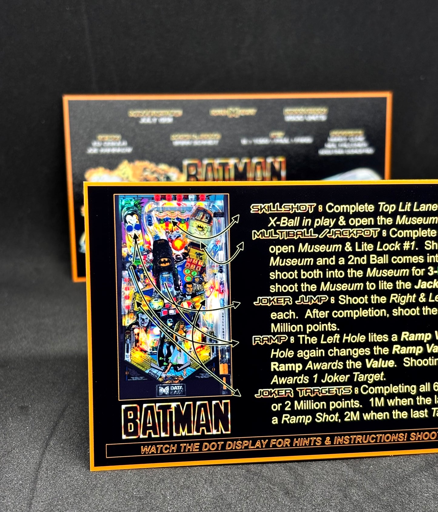 Instrucciones de las tarjetas del juego Batman 1991 de Data East, versión Pinball 1: tarjetas de delantal de pinball con impresión personalizada