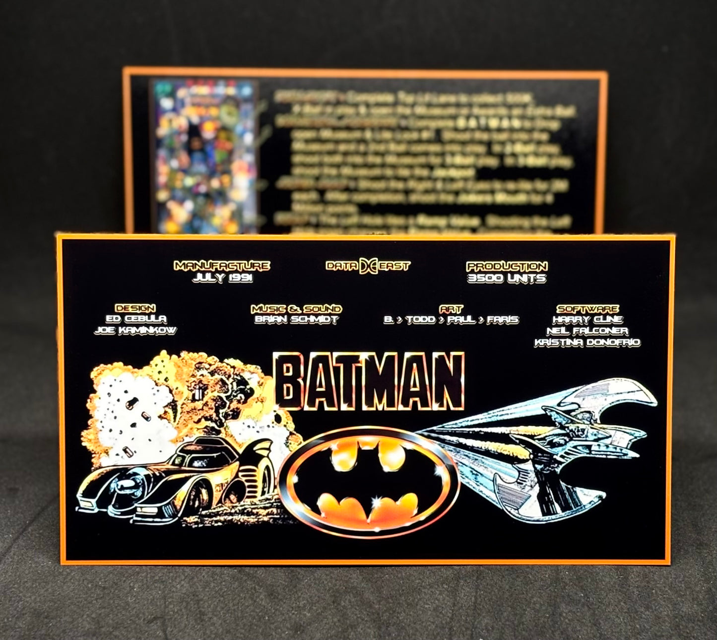 Instrucciones de las tarjetas del juego Batman 1991 de Data East, versión Pinball 1: tarjetas de delantal de pinball con impresión personalizada