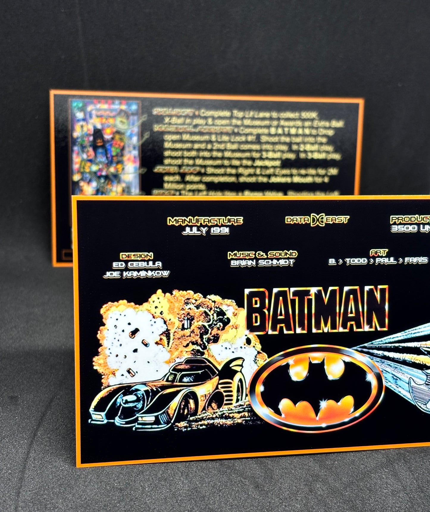 Instrucciones de las tarjetas del juego Batman 1991 de Data East, versión Pinball 1: tarjetas de delantal de pinball con impresión personalizada
