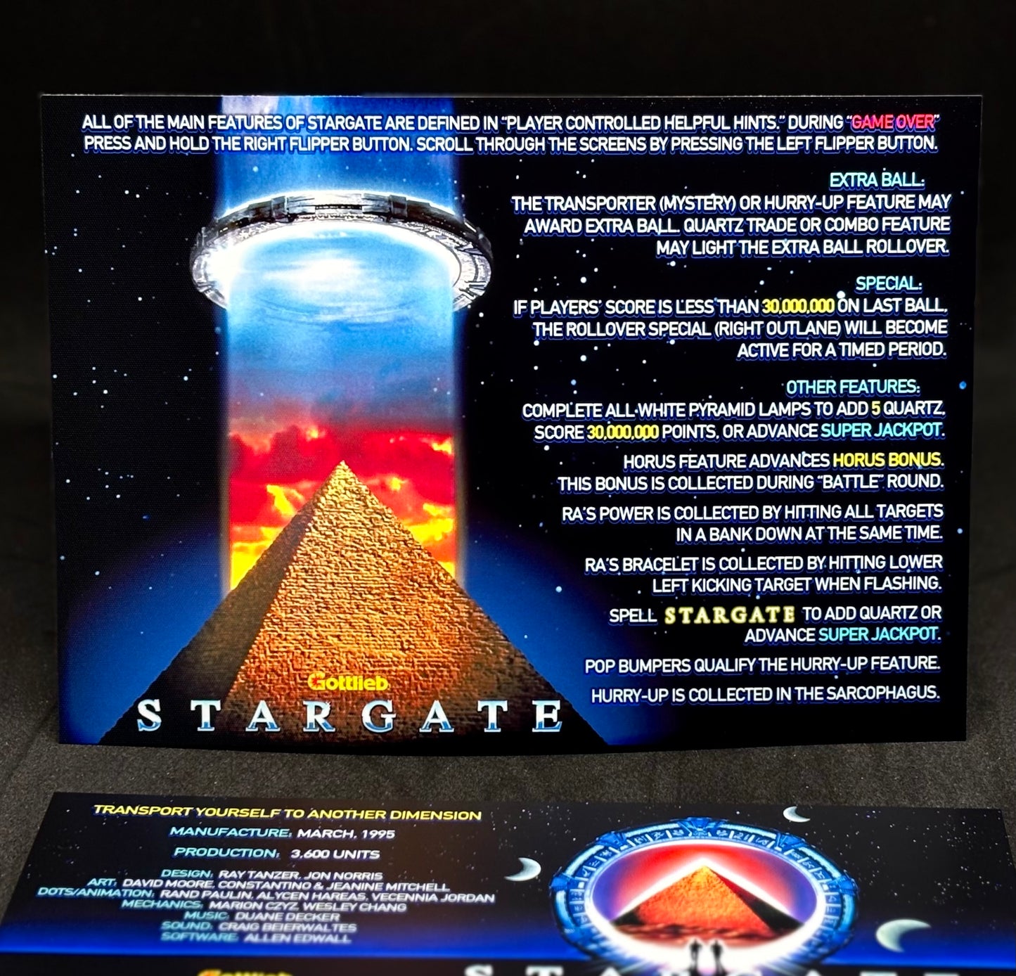 Instrucciones de las tarjetas del juego Gottlieb Stargate 1995, versión Pinball 1, tarjetas de delantal de pinball con impresión personalizada