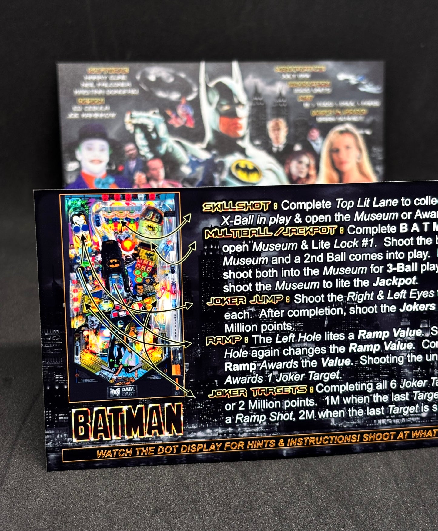 Instrucciones de las tarjetas del juego Batman 1991 de Data East, versión Pinball 3: tarjetas de delantal de pinball con impresión personalizada