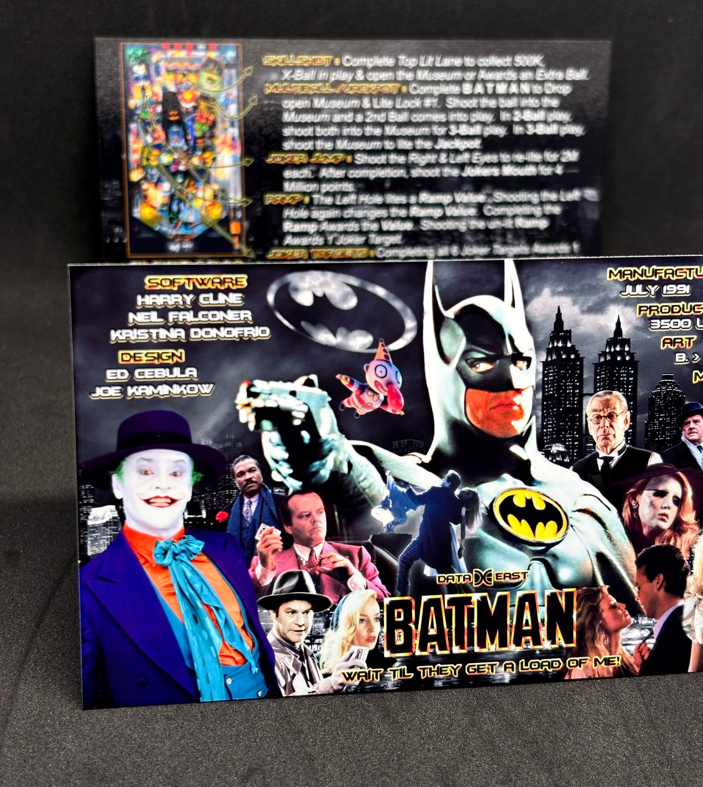 Instrucciones de las tarjetas del juego Batman 1991 de Data East, versión Pinball 3: tarjetas de delantal de pinball con impresión personalizada