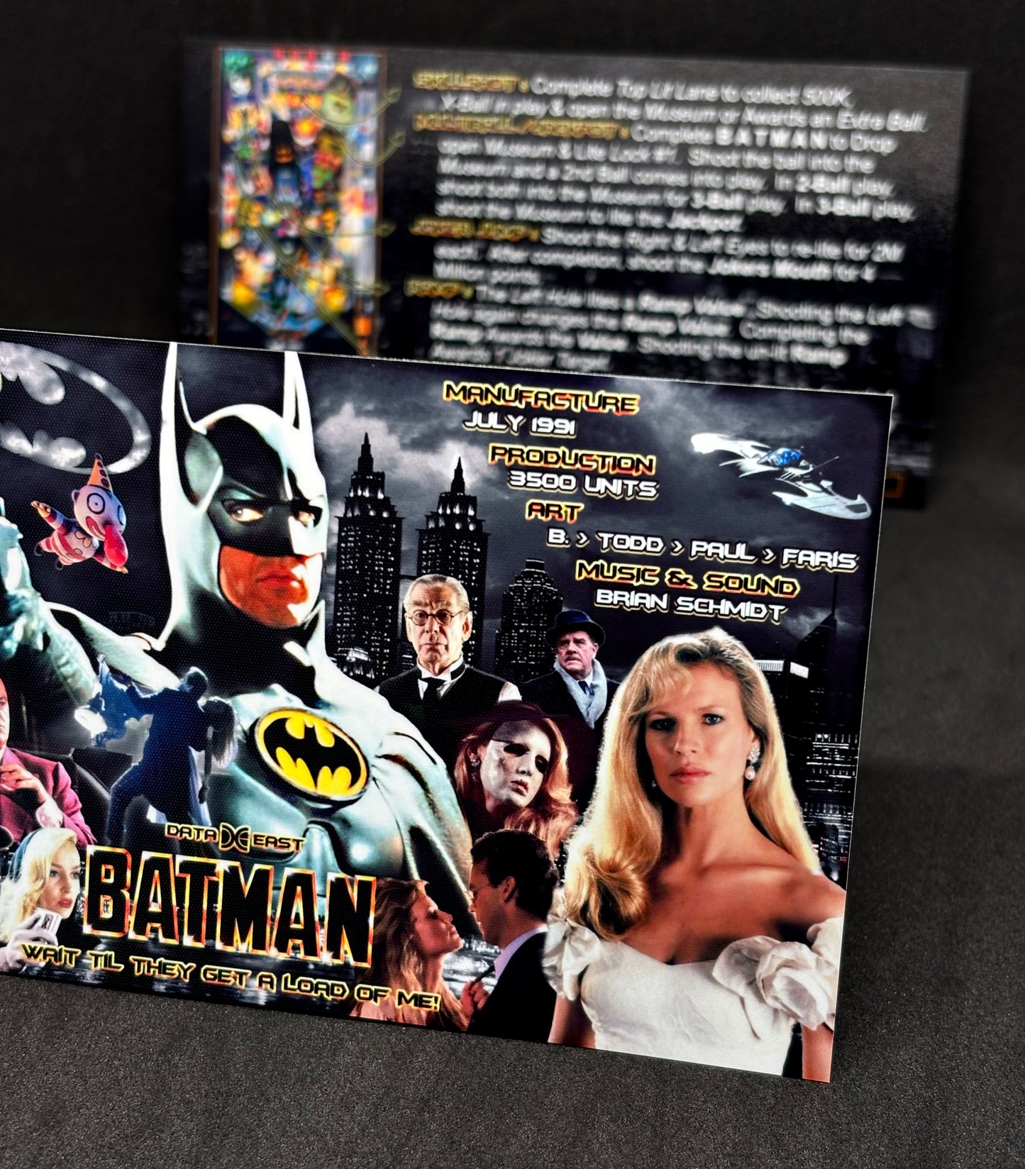 Instrucciones de las tarjetas del juego Batman 1991 de Data East, versión Pinball 3: tarjetas de delantal de pinball con impresión personalizada