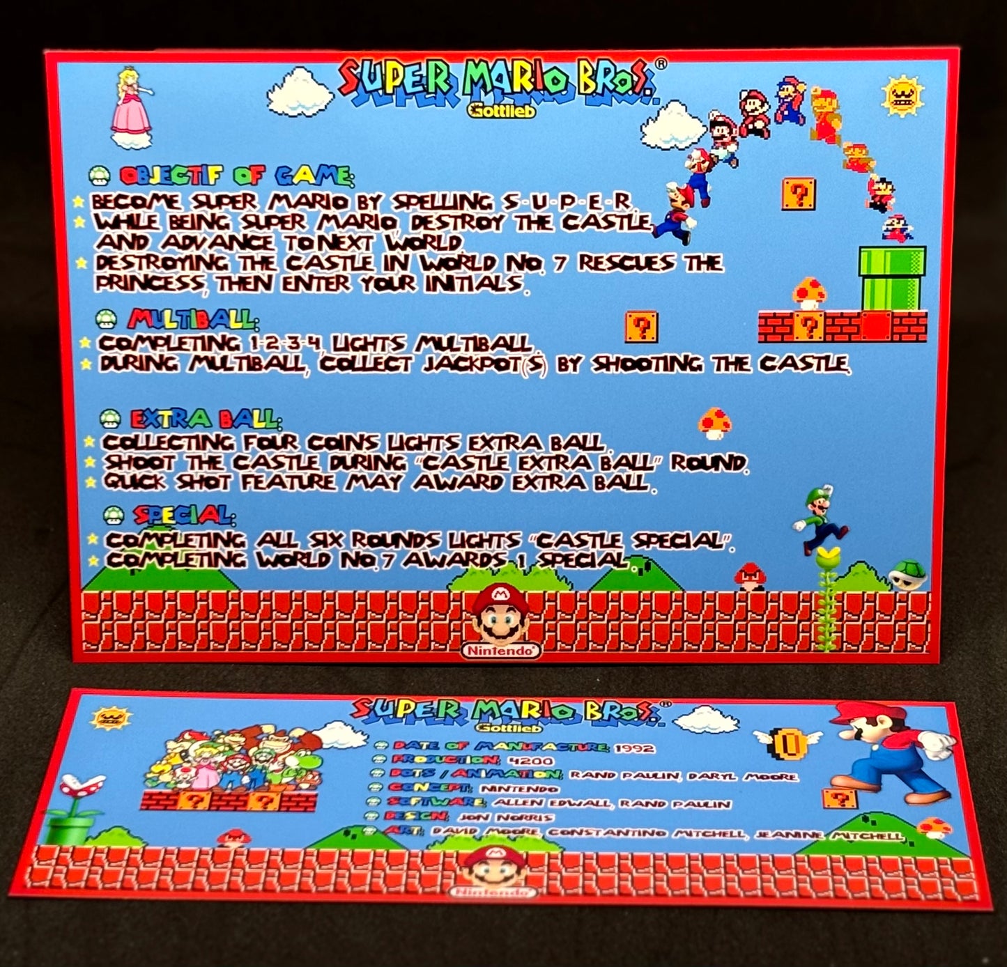 Instrucciones de las tarjetas de juego Gottlieb Super Mario Bros 1992 Pinball - Tarjetas de pinball personalizadas con impresión personalizada