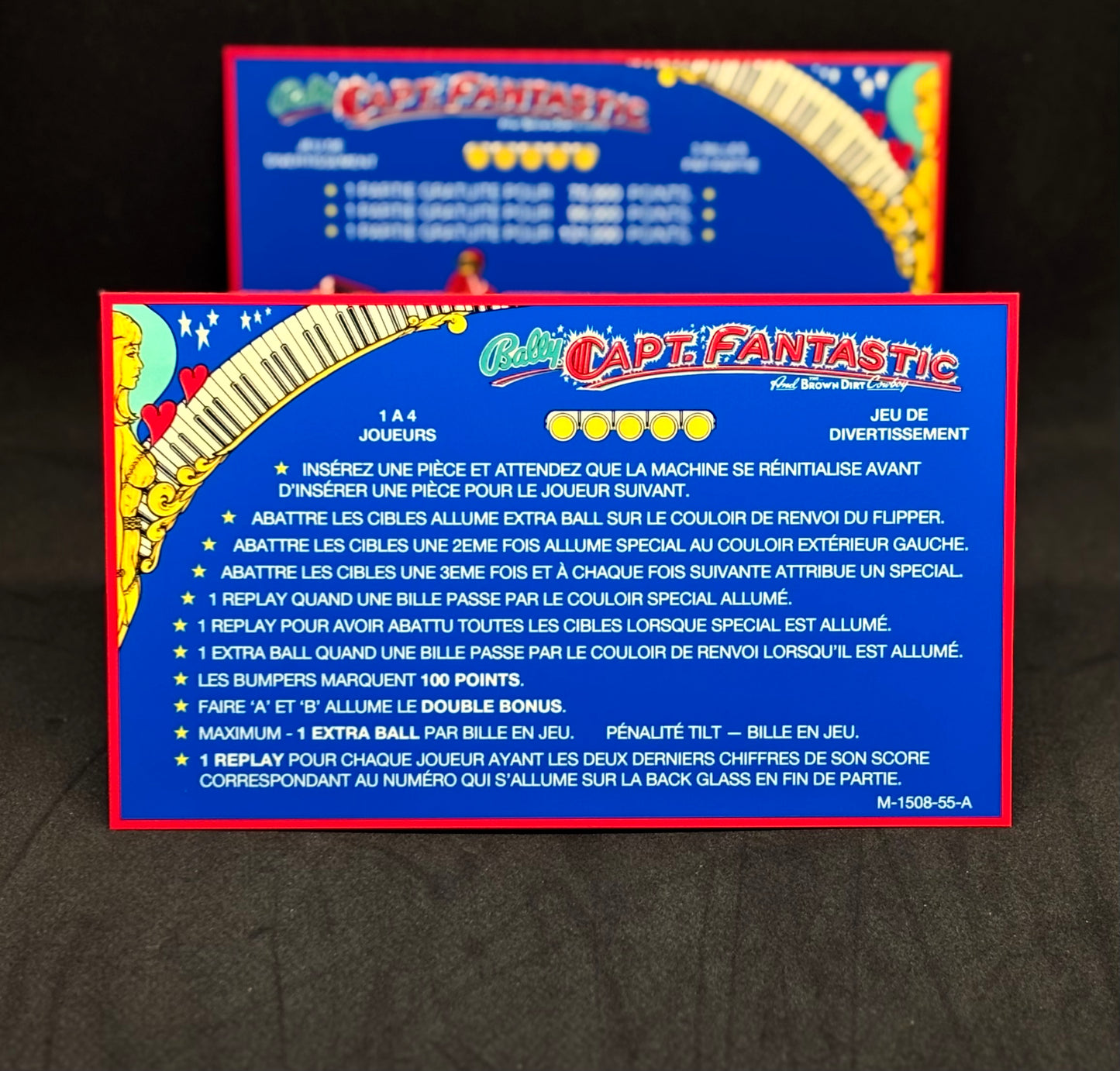 Bally Captain Fantastic 1976 Jeu Cartes Instructions Flipper Custom Apron règles imprimées