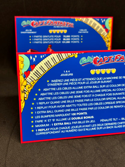 Bally Captain Fantastic 1976 Jeu Cartes Instructions Flipper Custom Apron règles imprimées
