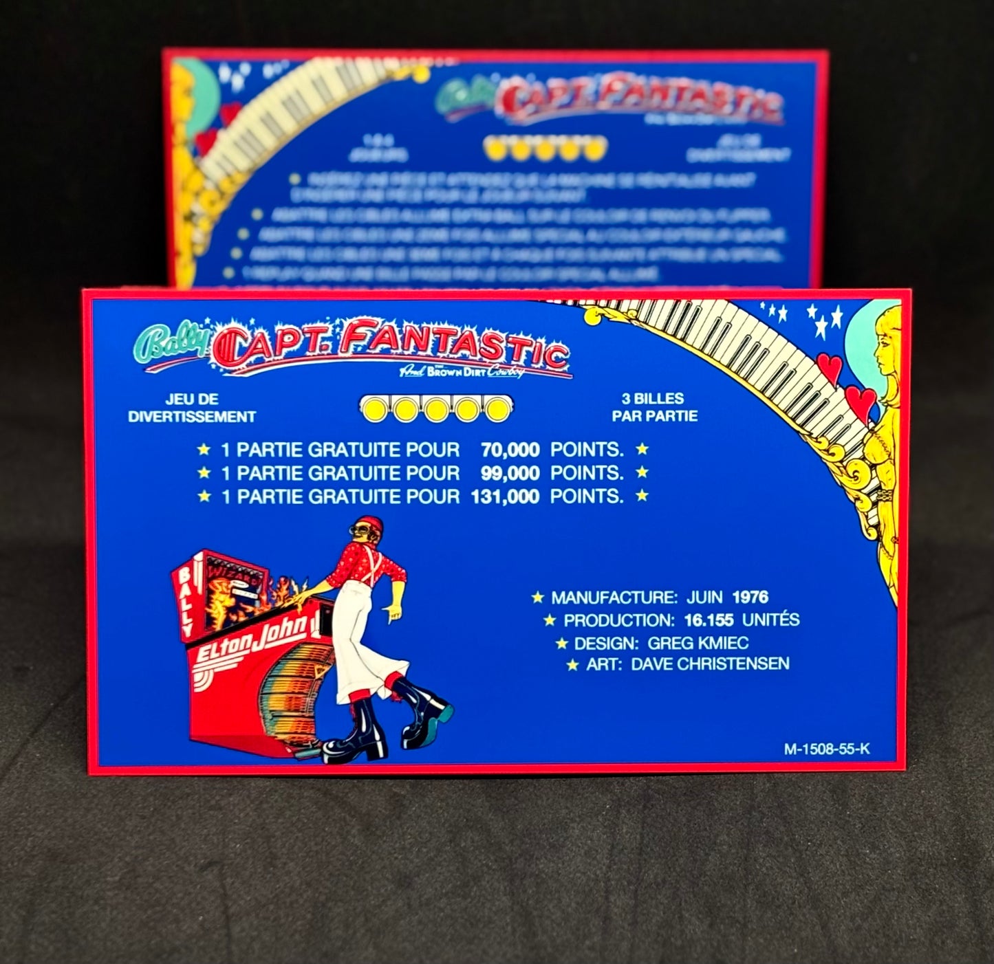 Bally Captain Fantastic 1976 Jeu Cartes Instructions Flipper Custom Apron règles imprimées