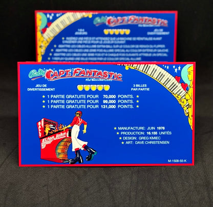 Bally Captain Fantastic 1976 Jeu Cartes Instructions Flipper Custom Apron règles imprimées