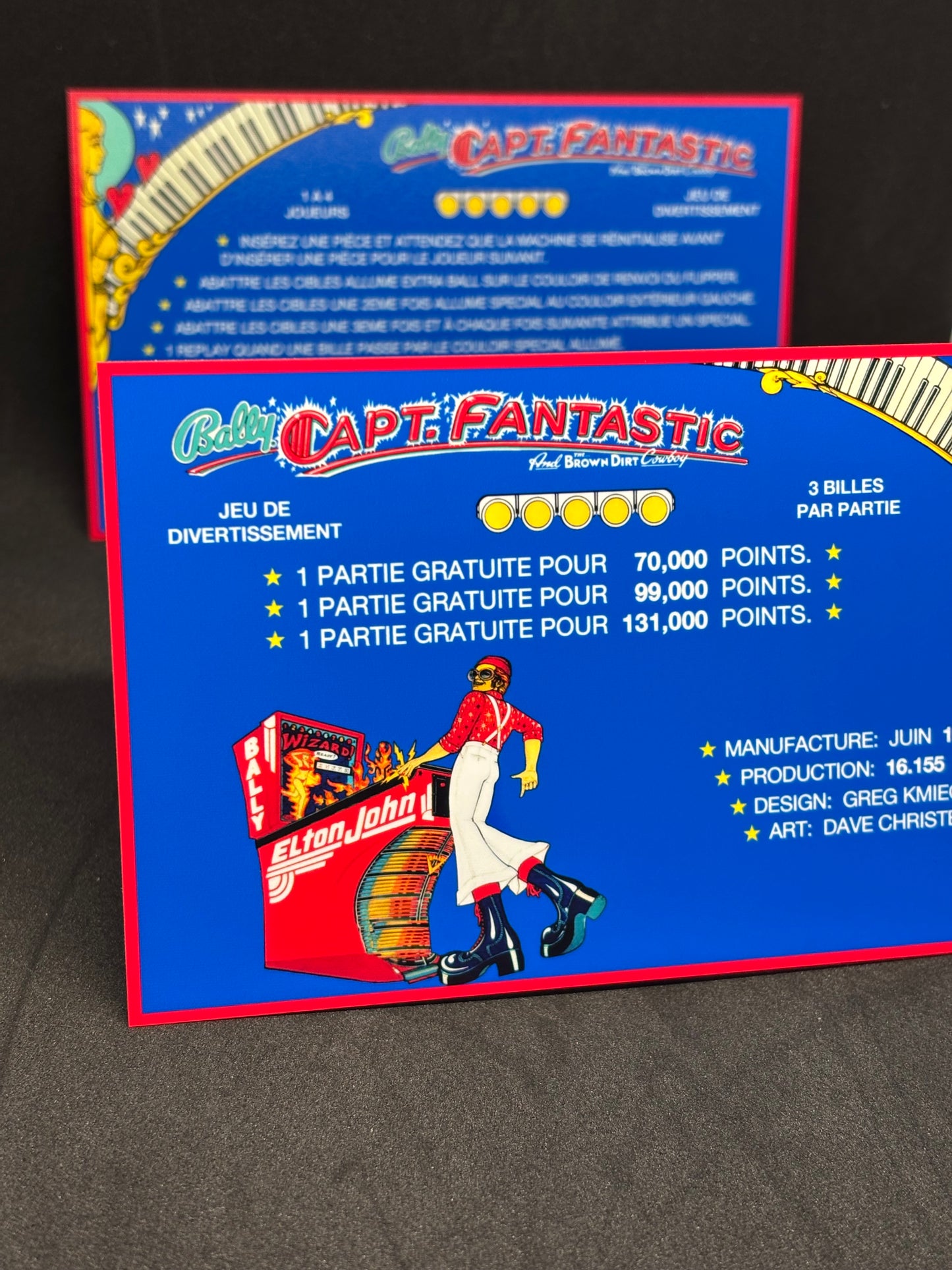 Bally Captain Fantastic 1976 Jeu Cartes Instructions Flipper Custom Apron règles imprimées