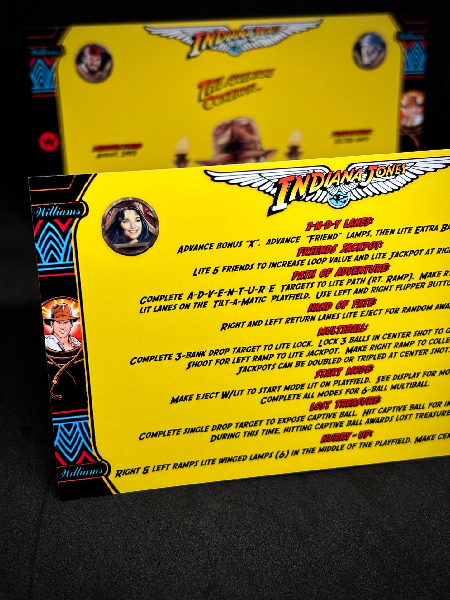 Instrucciones de las tarjetas del juego Williams Indiana Jones 1993, delantal personalizado de pinball, reglas impresas V4