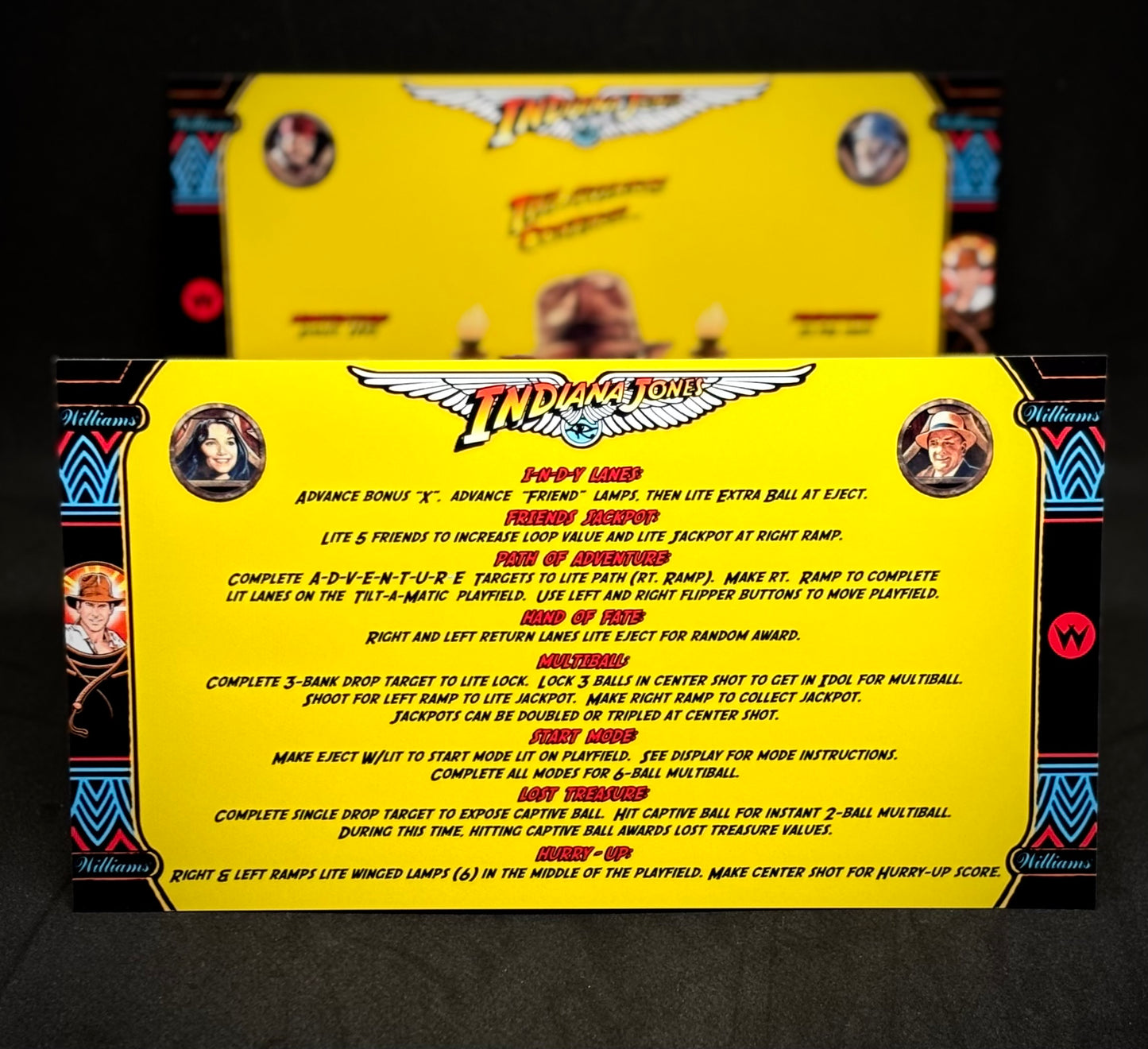 Instrucciones de las tarjetas del juego Williams Indiana Jones 1993, delantal personalizado de pinball, reglas impresas V4