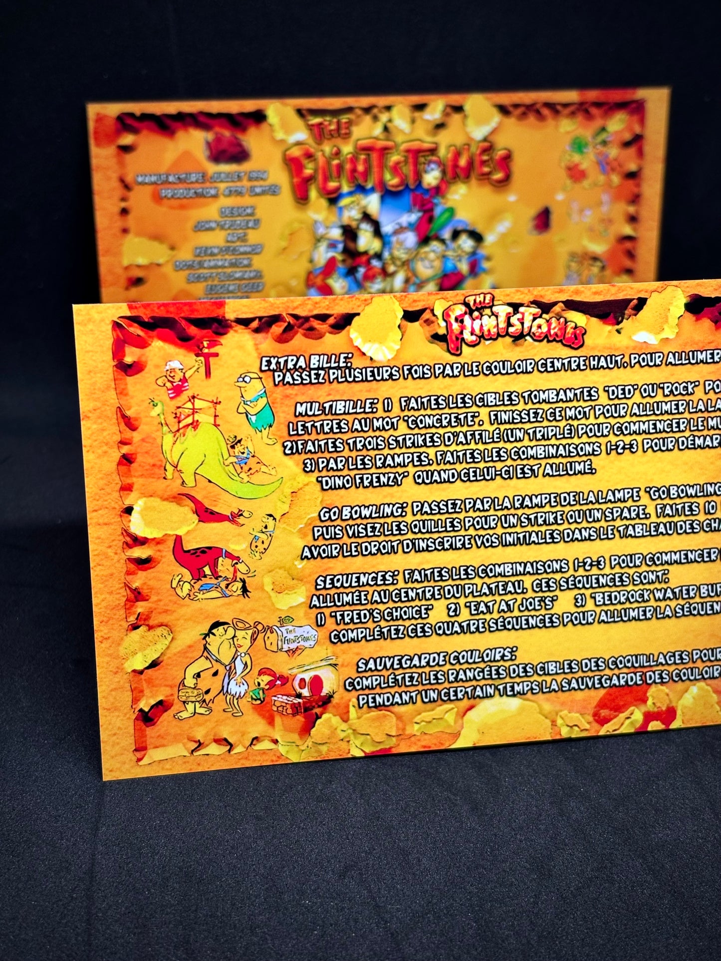 Instrucciones de las tarjetas del juego de pinball de Los Picapiedra (1994) de Williams, delantal personalizado, reglas impresas (V2)