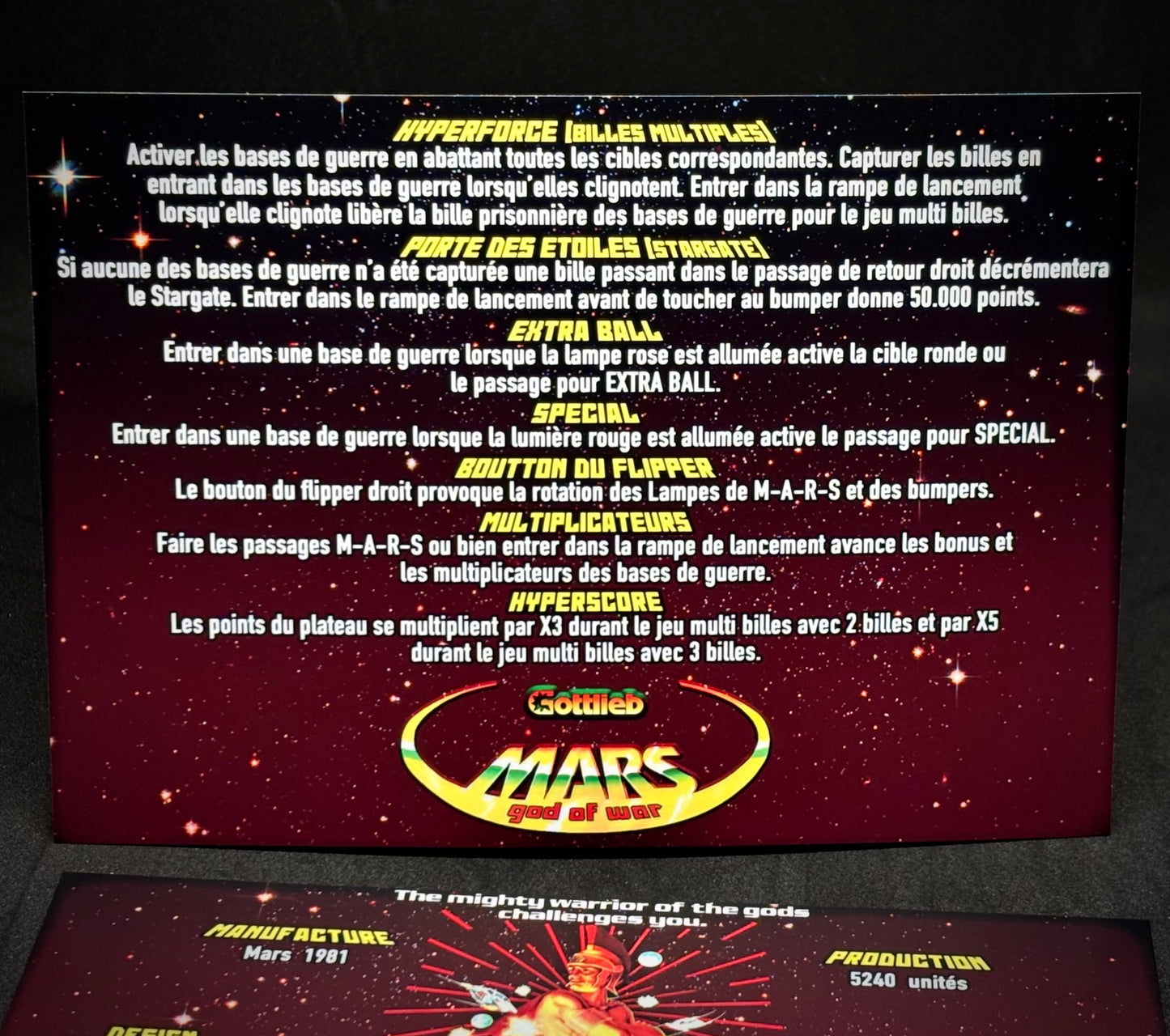 Instrucciones de las tarjetas del juego Gottlieb Mars God of War 1981, reglas impresas del delantal personalizado de pinball