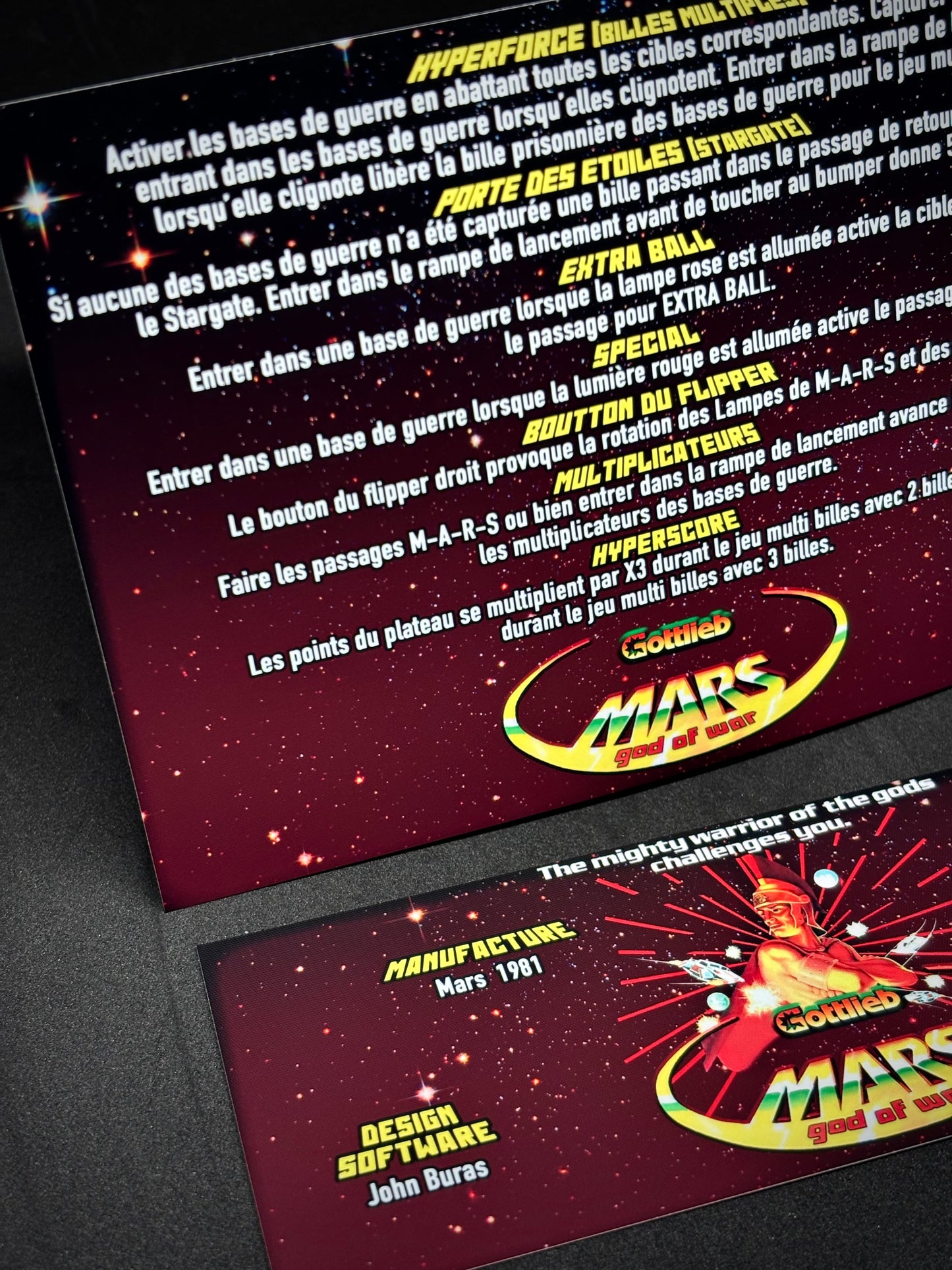 Instrucciones de las tarjetas del juego Gottlieb Mars God of War 1981, reglas impresas del delantal personalizado de pinball