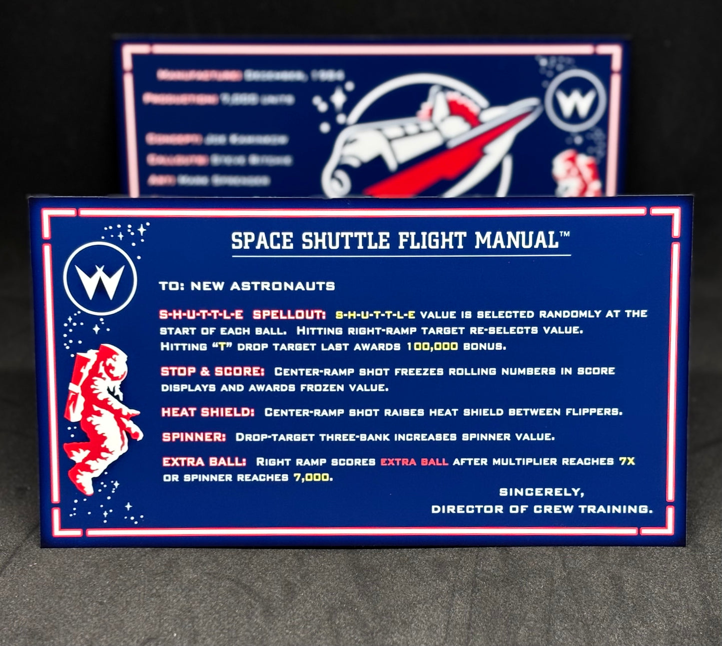 Instrucciones de las tarjetas del juego Williams Space Shuttle 1984, delantal personalizado de pinball, reglas impresas
