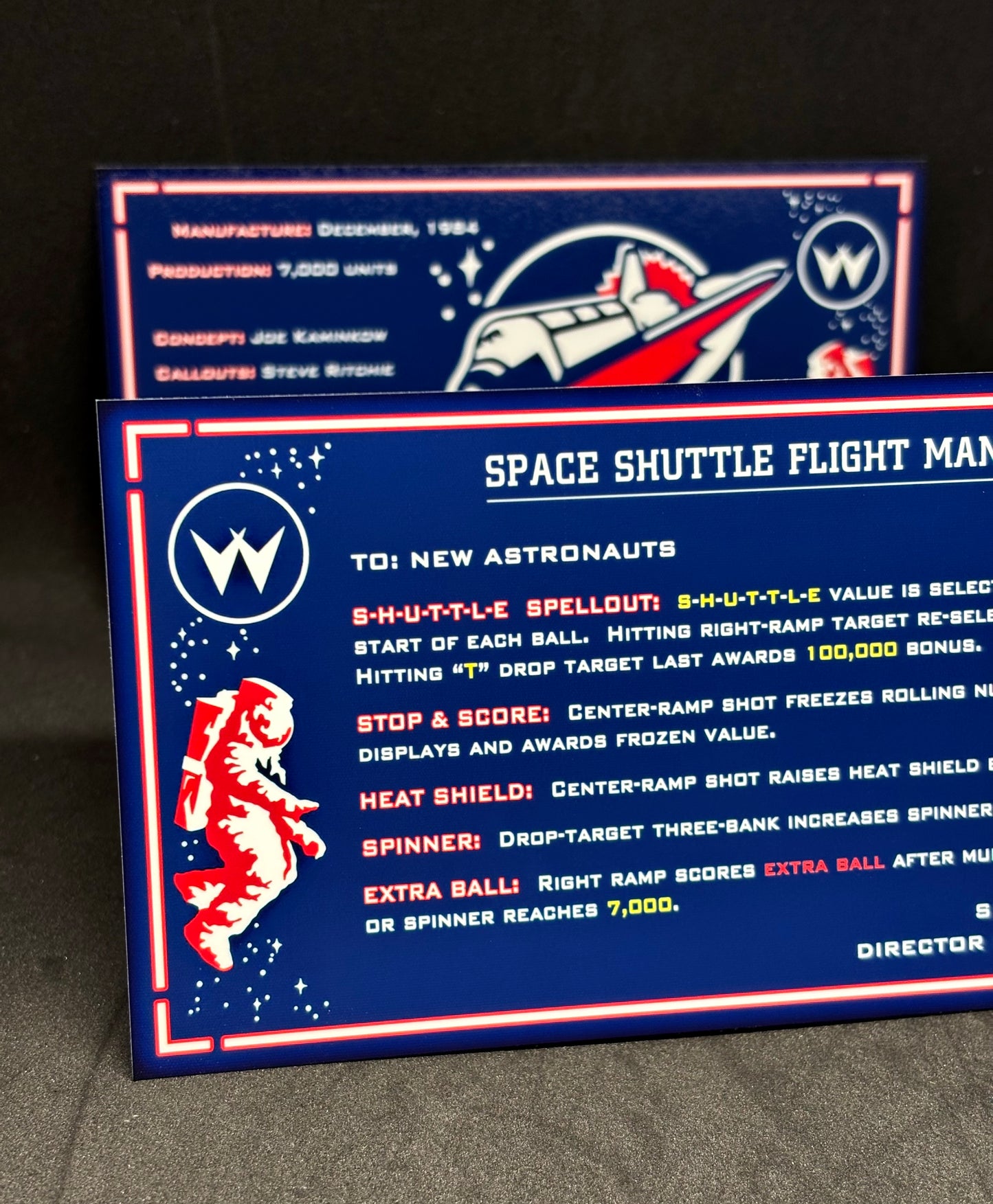 Instrucciones de las tarjetas del juego Williams Space Shuttle 1984, delantal personalizado de pinball, reglas impresas