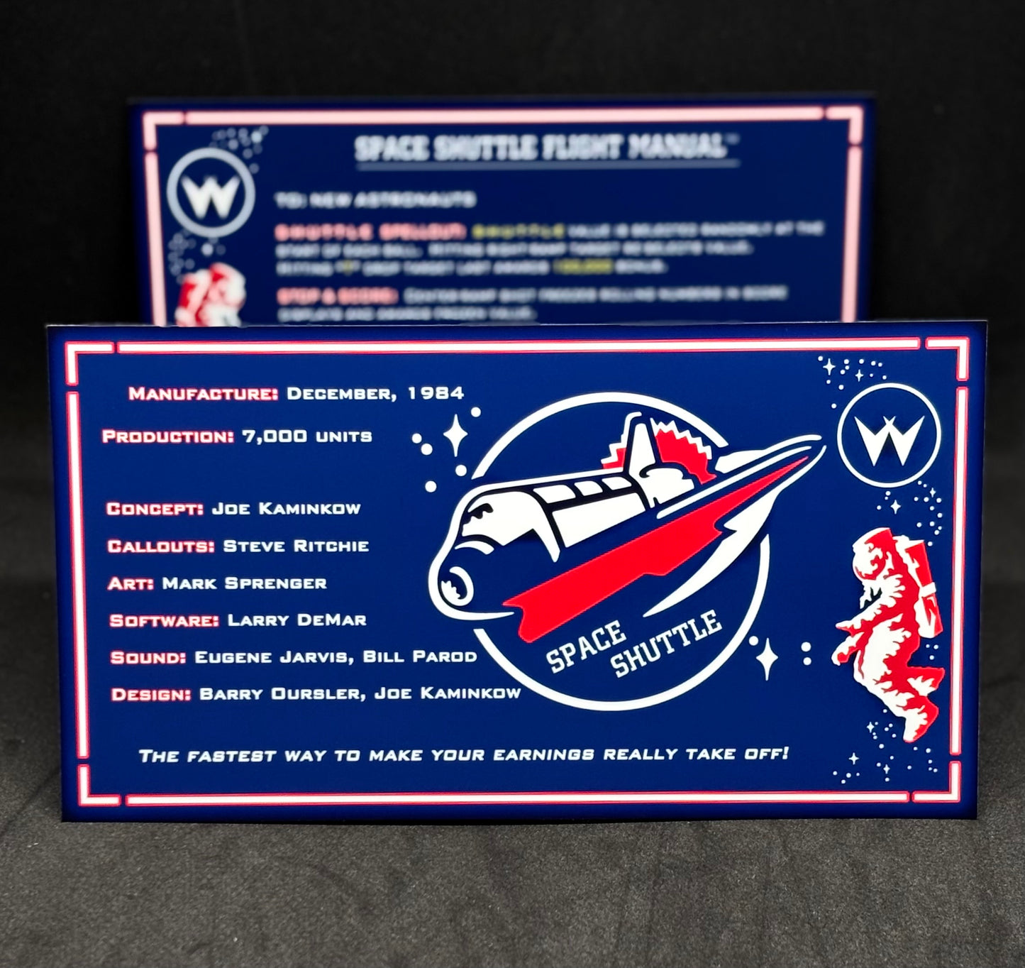 Instrucciones de las tarjetas del juego Williams Space Shuttle 1984, delantal personalizado de pinball, reglas impresas