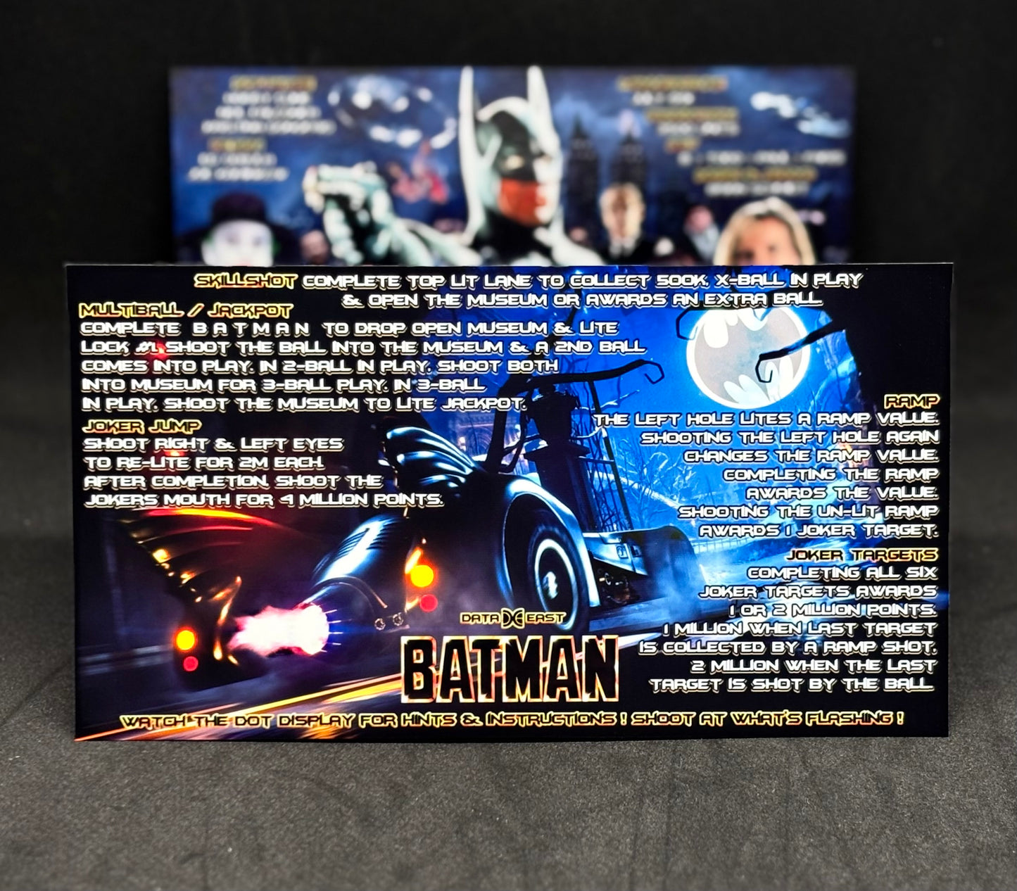 Instrucciones de las tarjetas del juego Batman 1991 de Data East, versión Pinball 2: tarjetas de delantal de pinball con impresión personalizada