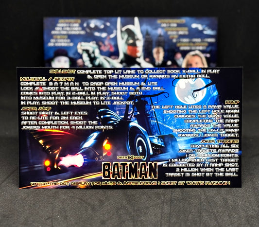 Instrucciones de las tarjetas del juego Batman 1991 de Data East, delantal personalizado de pinball, reglas impresas V2