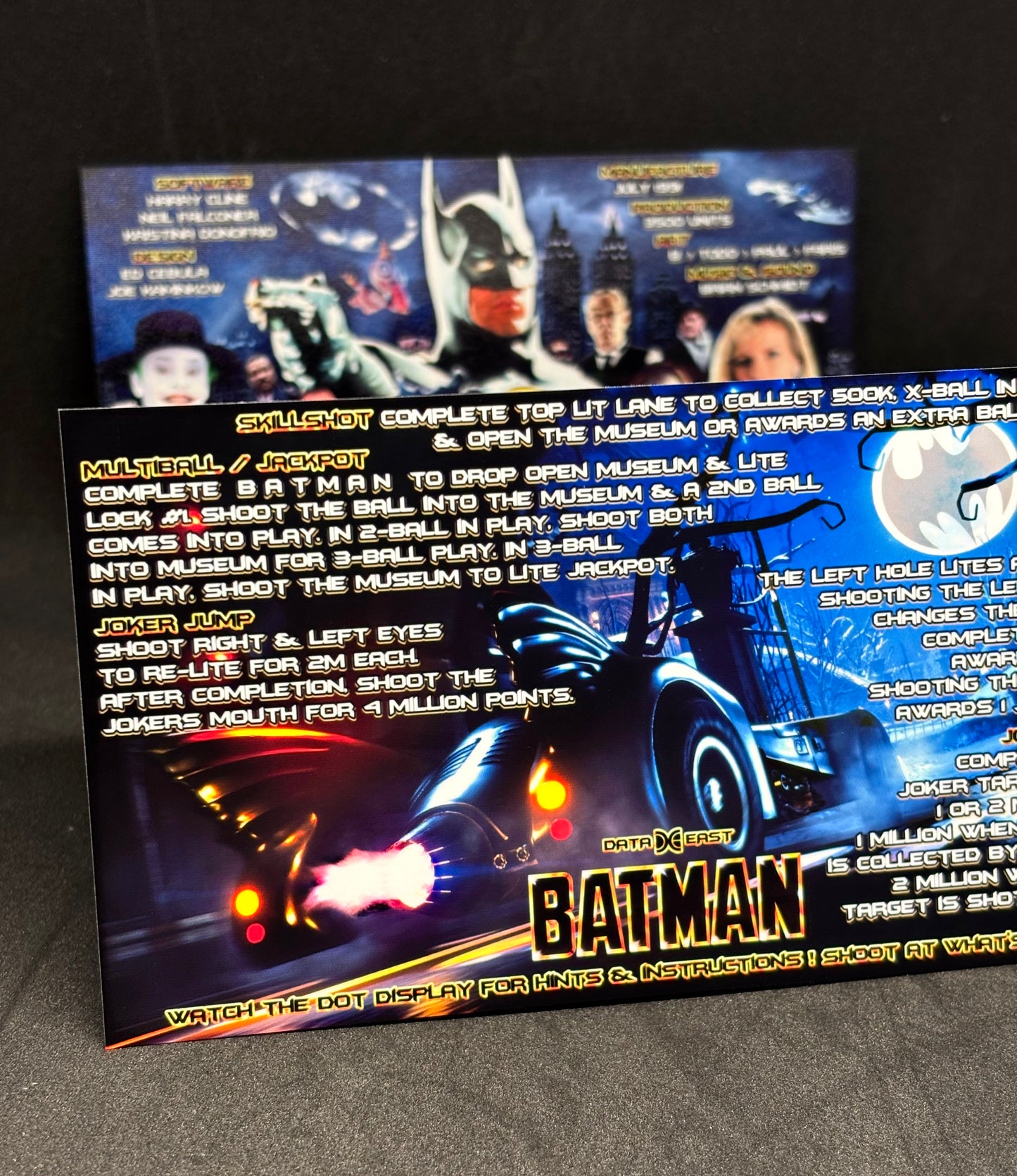 Instrucciones de las tarjetas del juego Batman 1991 de Data East, versión Pinball 2: tarjetas de delantal de pinball con impresión personalizada