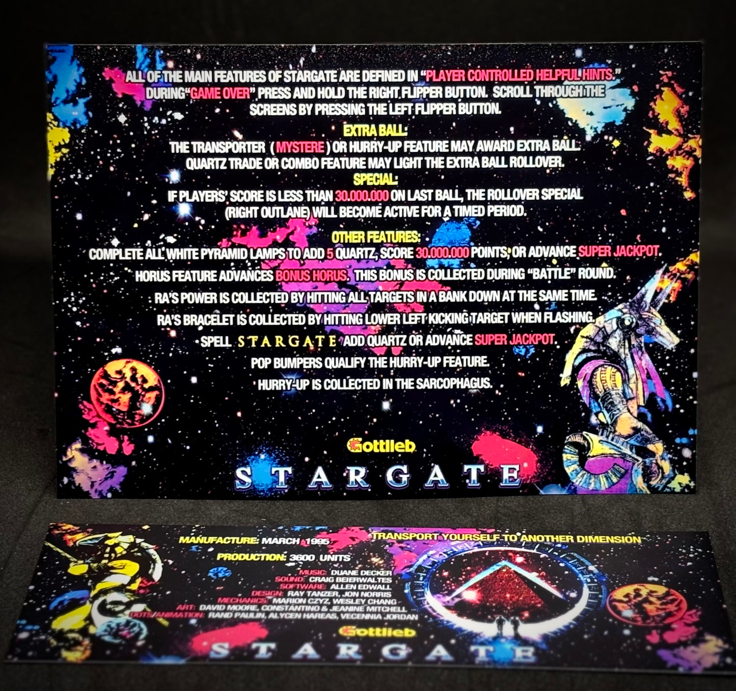 Instrucciones de las tarjetas del juego Gottlieb Stargate 1995, versión Pinball 2, tarjetas de delantal de pinball con impresión personalizada