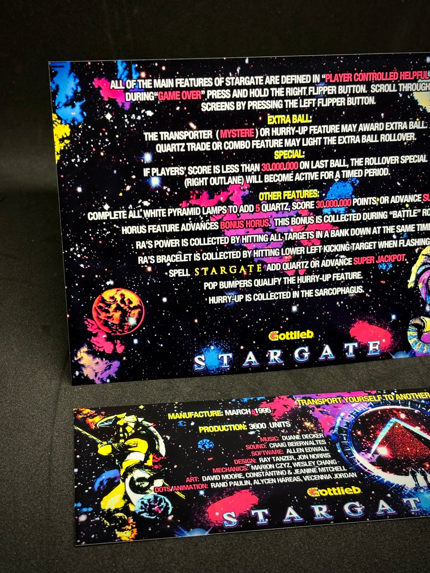 Instrucciones de las tarjetas del juego Gottlieb Stargate 1995, versión Pinball 2, tarjetas de delantal de pinball con impresión personalizada