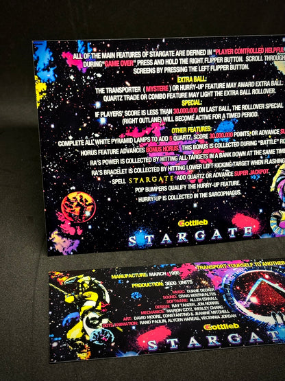 Instrucciones de las tarjetas del juego Gottlieb Stargate 1995, delantal personalizado de pinball, reglas impresas V2