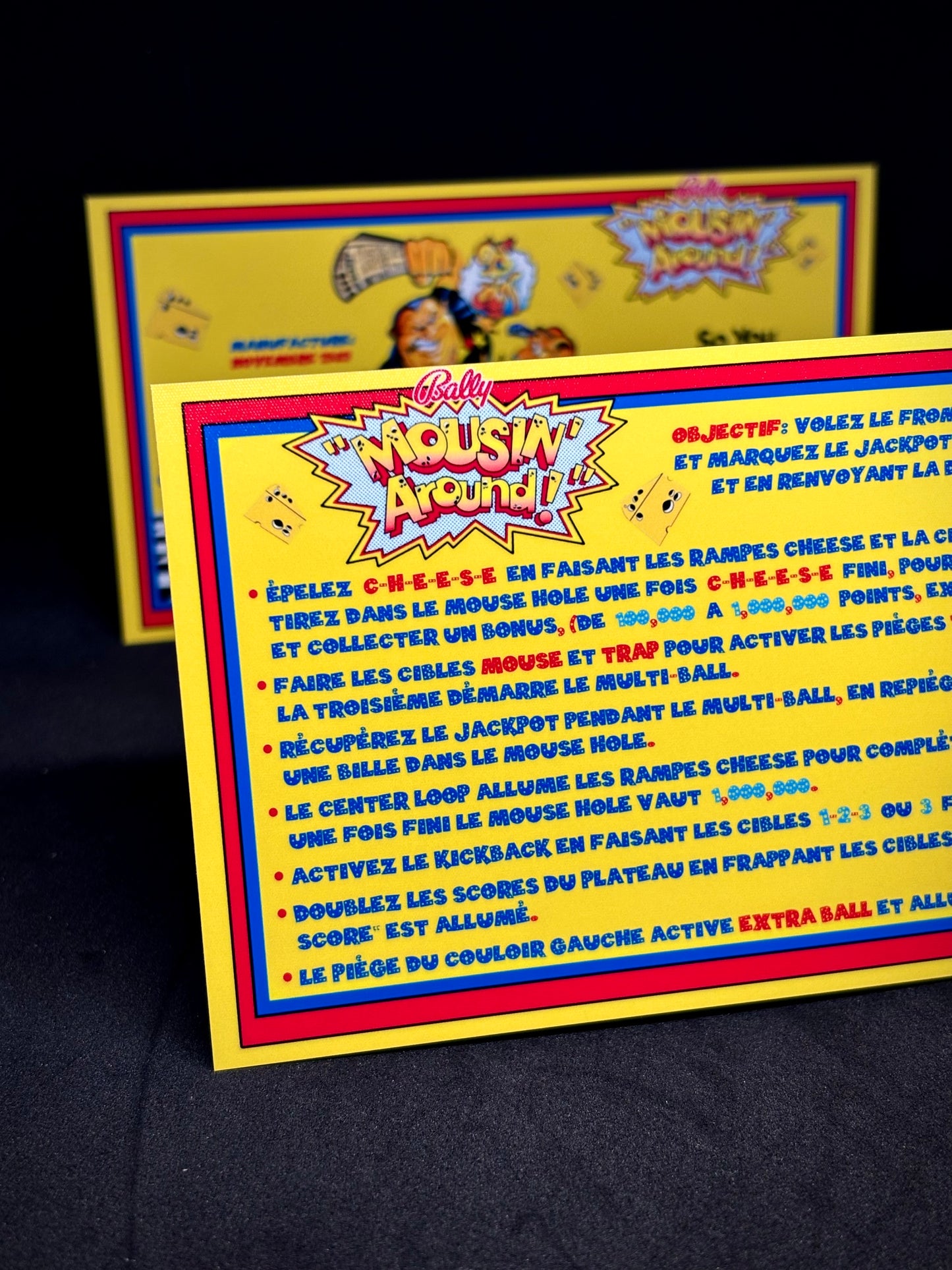 Instrucciones de tarjetas de juego Bally Mousin Around 1989, reglas impresas de delantal personalizado de pinball