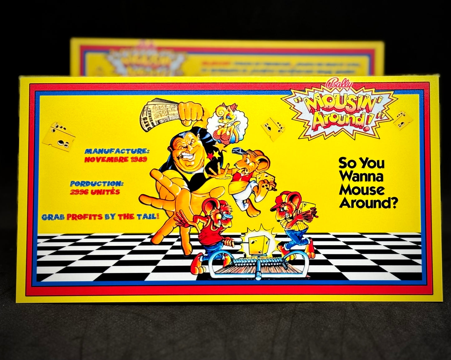 Instrucciones de tarjetas de juego Bally Mousin Around 1989, reglas impresas de delantal personalizado de pinball