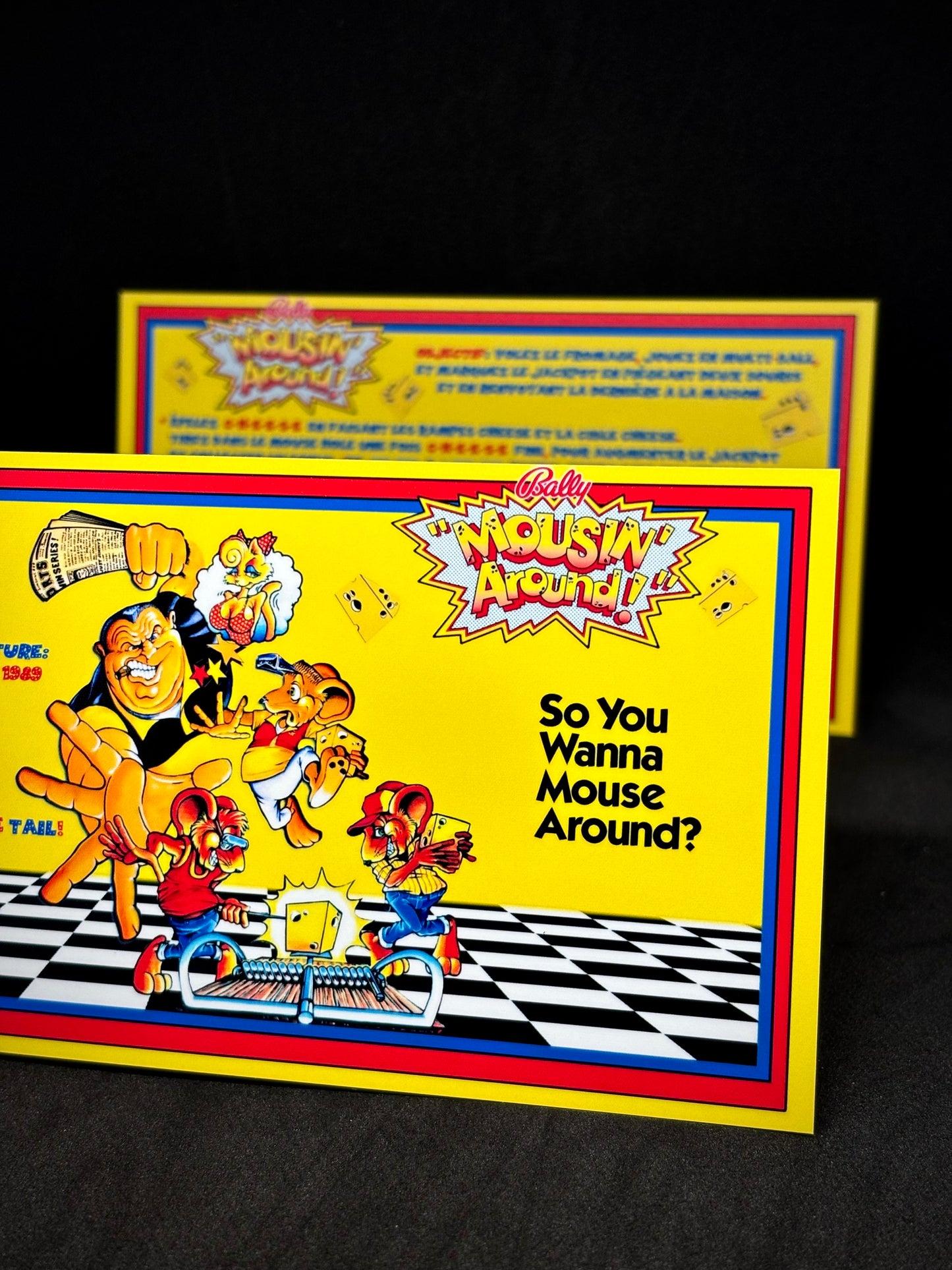 Instrucciones de tarjetas de juego Bally Mousin Around 1989, reglas impresas de delantal personalizado de pinball