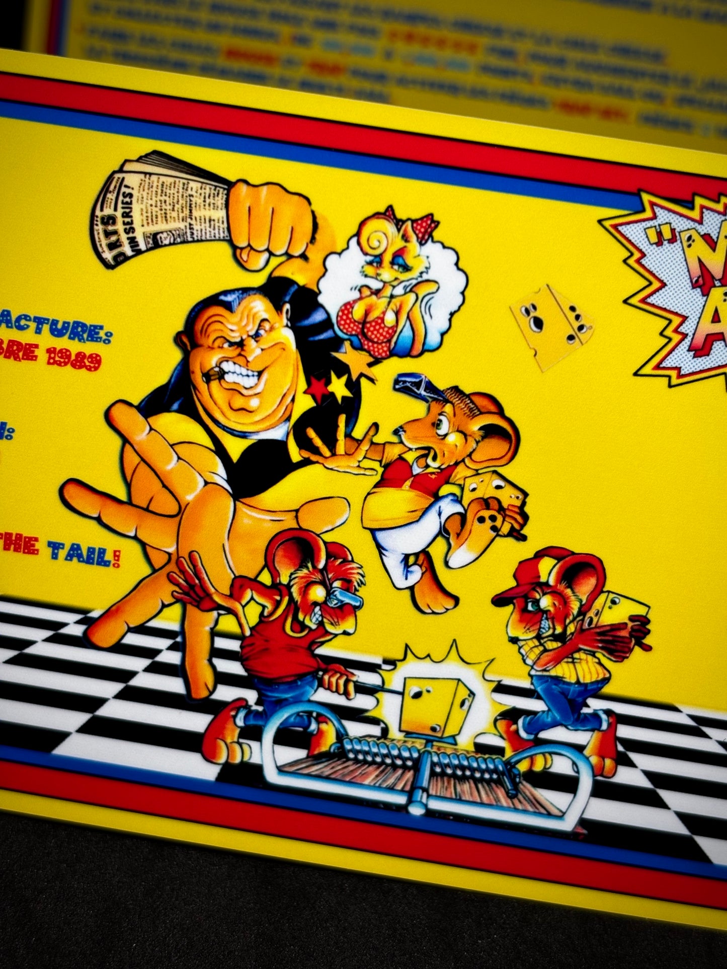 Instrucciones de tarjetas de juego Bally Mousin Around 1989, reglas impresas de delantal personalizado de pinball